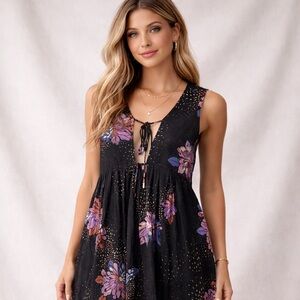Free People Black Floral Tie Front Mini Dress XS Boho Tunic